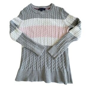 Tommy Hilfiger Gray, Pink, White Cable Knit Sweater Corquette Girls Size Large